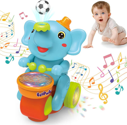 Interactive Elephant Crawling Toy – Electronic Drummer with Floating Ball, LED Lights, Music and Sounds for Baby Sensory Development