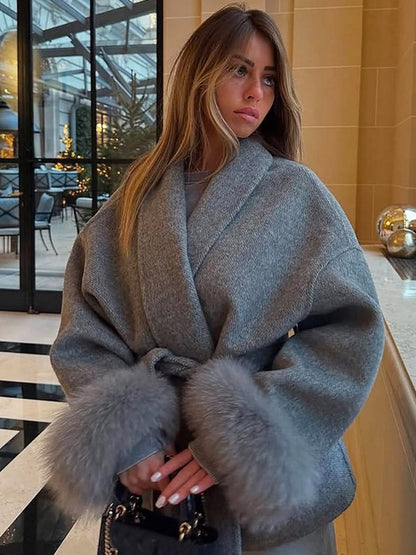Elegant Double Sided Wool Belted Coat – Women’s Lace-Up Short Jacket with Fur Cuffs for Chic Autumn Winter Office and Everyday Style