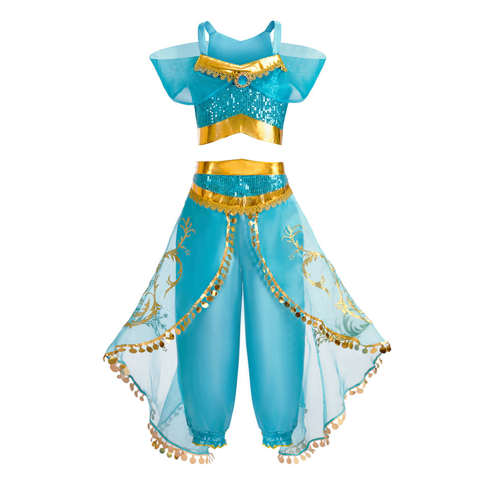 Kid's Arabian Princess Costume Dress - Jasmine Inspired Halloween Outfit for Girls with Sequins for Parties and Cosplay Events