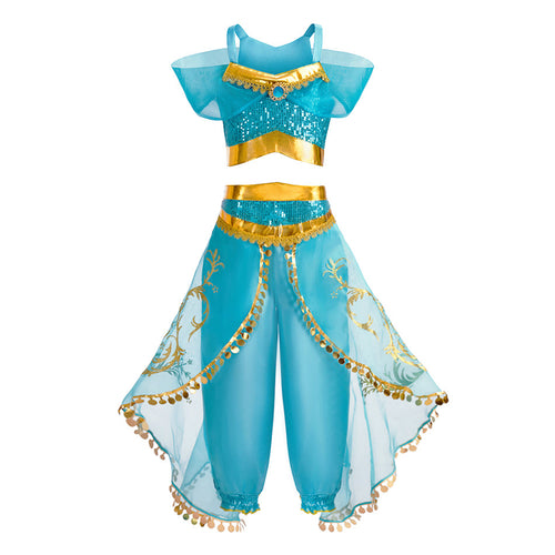 Kid's Arabian Princess Costume Dress - Jasmine Inspired Halloween Outfit for Girls with Sequins for Parties and Cosplay Events