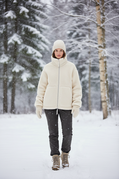 Women's Vintage Fleece Jacket – Warm Zip Up Winter Coat with Lapel Collar for Casual Streetwear and Daily Fashion