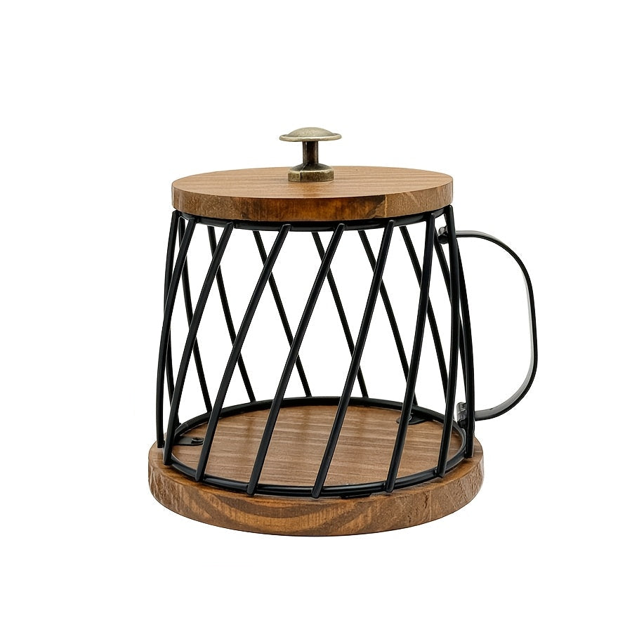 Mug-Shaped Coffee Pod Holder – Metal Capsule Storage Basket with Wooden Lid for Kitchen Countertops, Coffee Stations and Decorative Organization