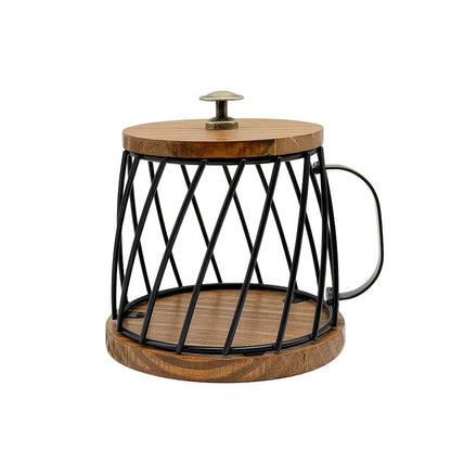 Mug-Shaped Coffee Pod Holder – Metal Capsule Storage Basket with Wooden Lid for Kitchen Countertops, Coffee Stations and Decorative Organization