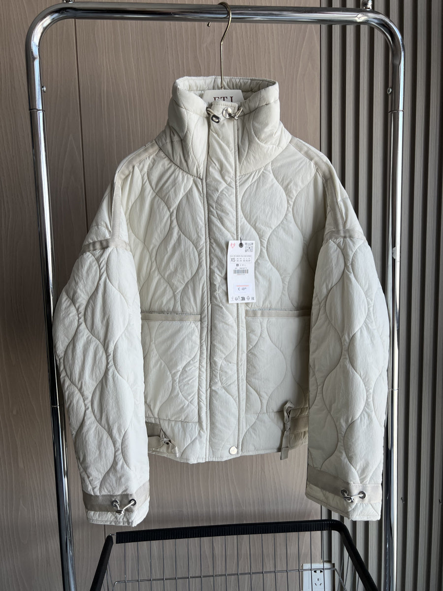 Women’s Quilted Drawstring Jacket – High Neck Cotton Padded Coat with Pockets for Casual Autumn Winter Layering Style