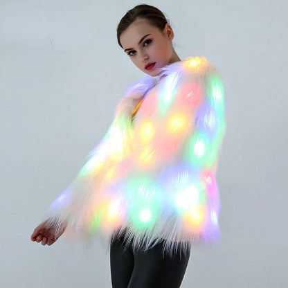 LED Faux Fur Coat – Women's Light Up Hooded Jacket for Festivals, Cosplay, Parties and Eye Catching Winter Fashion
