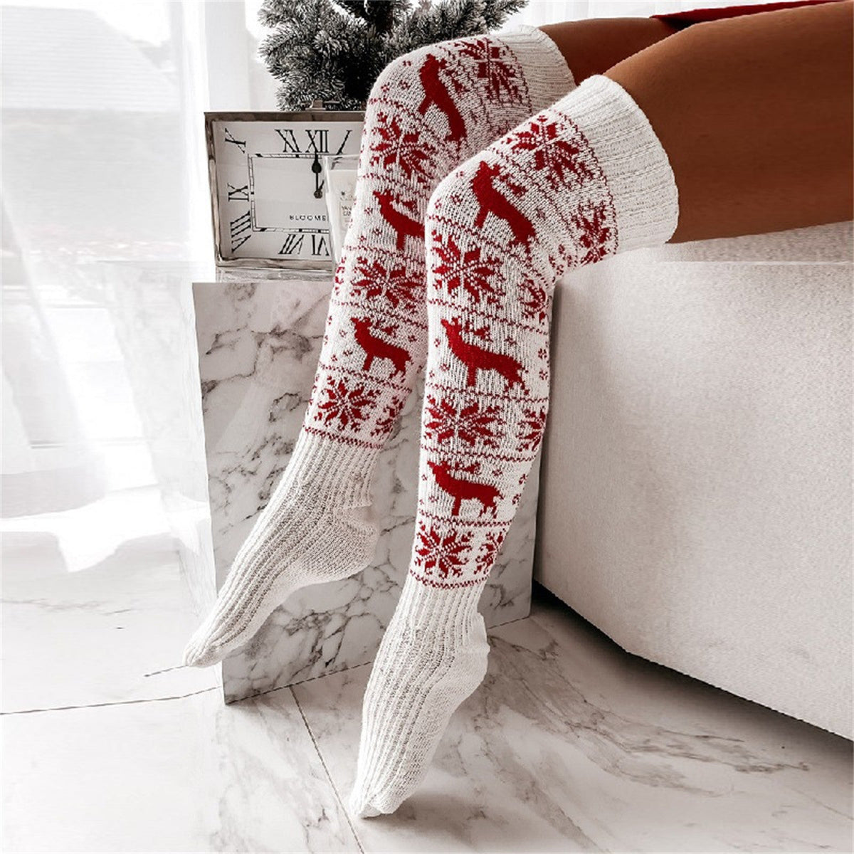 Women's Christmas Knit Socks – Cozy Over Knee Cotton Winter Socks for Holiday Outfits, Warmth and Festive Style