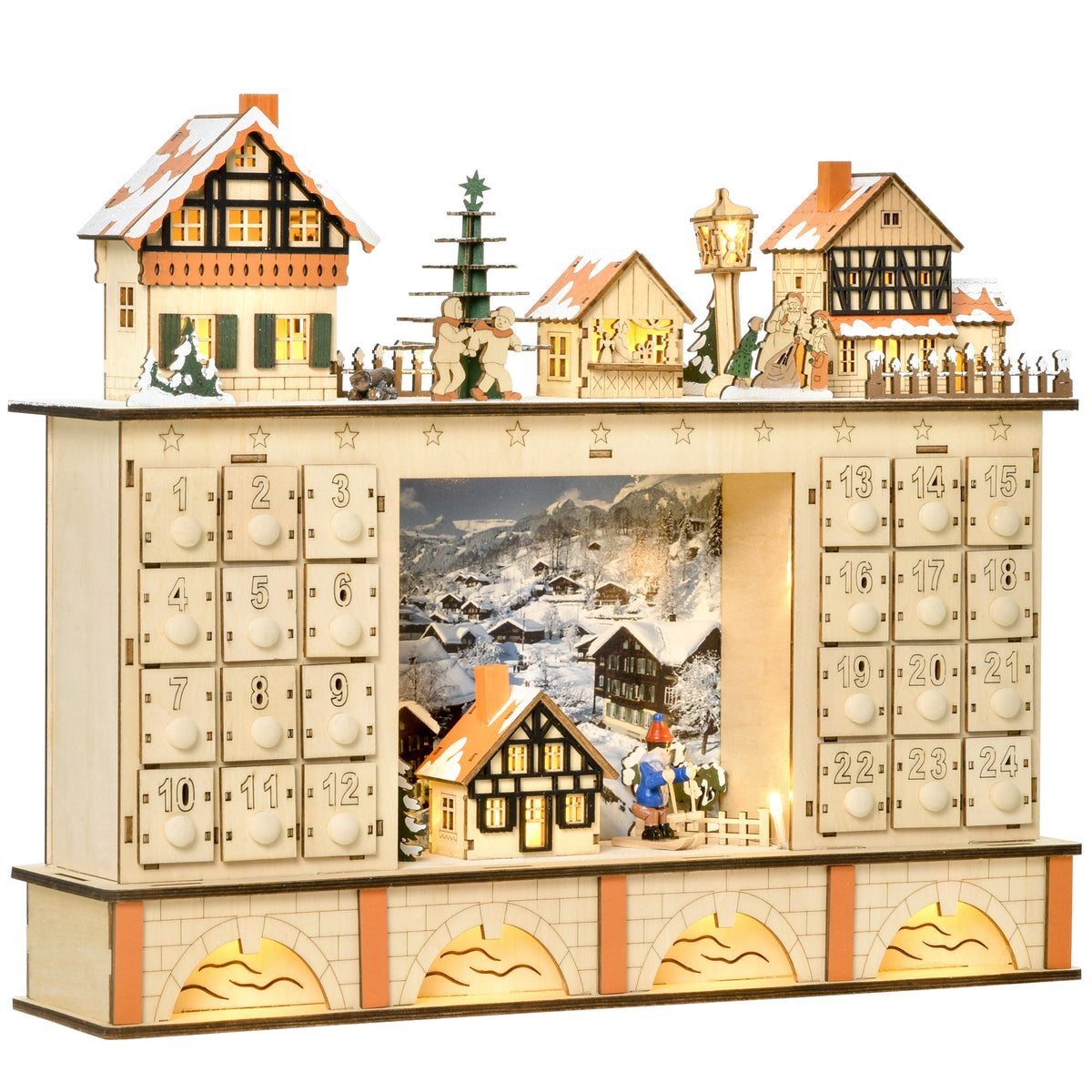 Wooden Advent Calendar with Drawers – Refillable 24 Compartment Christmas Countdown Organizer for Holiday Gifts and Home Display