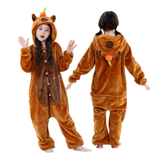 Capybara Flannel Onesie Costume-Cozy Hooded Sleepwear Jumpsuit for Kids Parties Cosplay and Comfortable Lounging