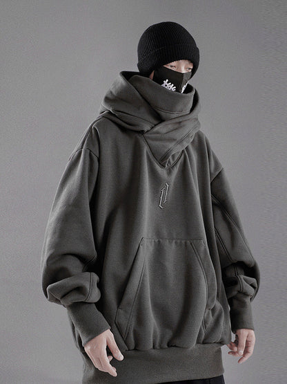Men’s Embroidered Ninja Hoodie – Japanese Streetwear Fleece Sweatshirt with Turtleneck Design and Oversized Y2K Fashion Appeal