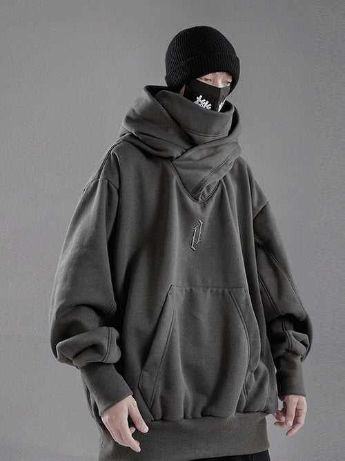 Men’s Embroidered Ninja Hoodie – Japanese Streetwear Fleece Sweatshirt with Turtleneck Design and Oversized Y2K Fashion Appeal