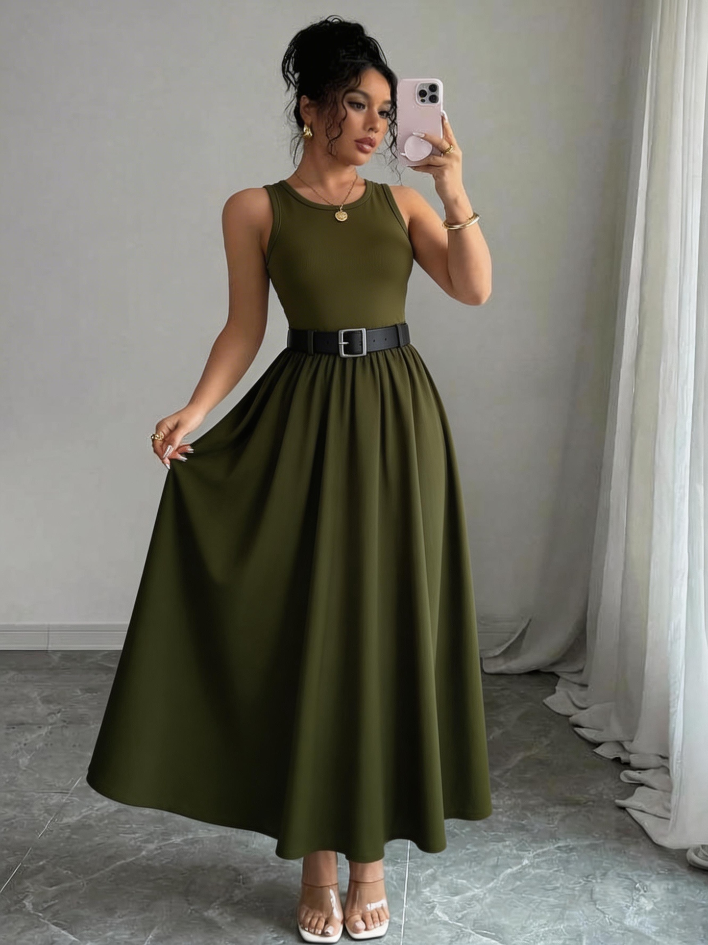 Women’s Summer Sleeveless Dress – Elegant Solid Color Casual Vacation Dress with Waist Belt for Romantic Outings, Parties and Everyday Wear