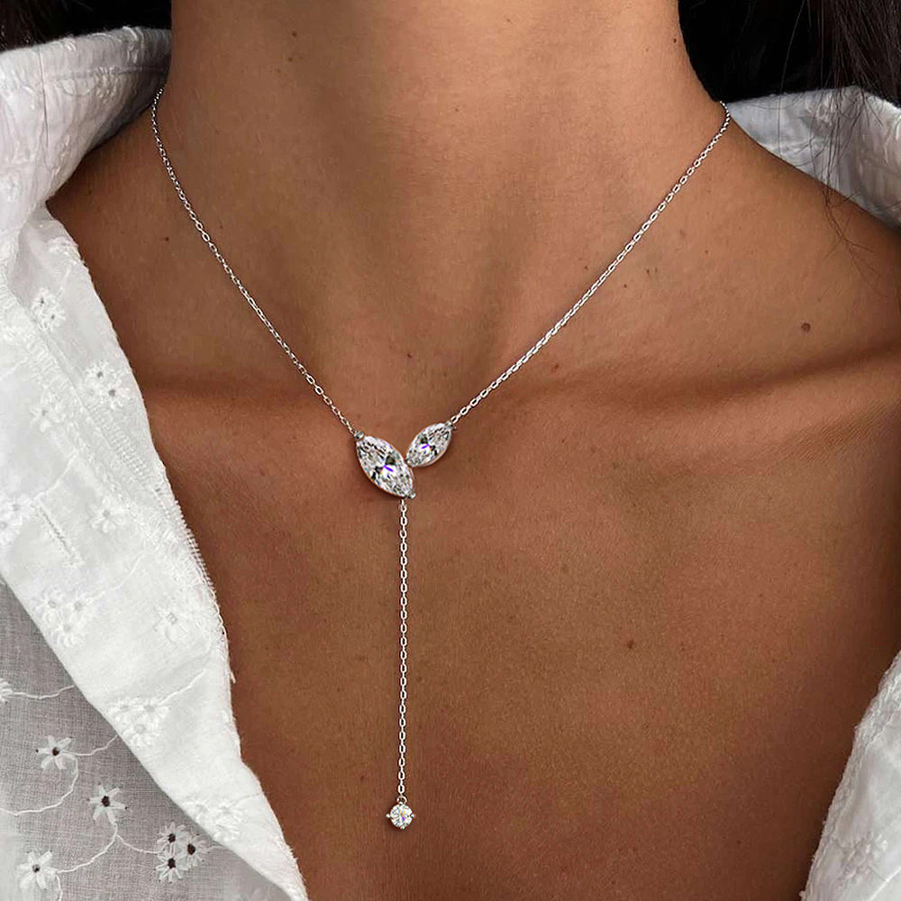 Certified Marquise Moissanite Lariat Necklace – S925 Silver 4cttw Lab Diamond-Look Y-Style Tassel Pendant for Women, Weddings, Parties and Elegant Gifts