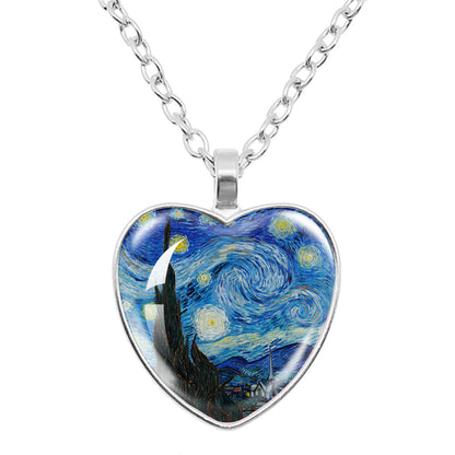 Van Gogh Starry Night Necklace – Artistic Glass Cabochon Pendant Jewelry Featuring Sunflower Painting Design for Women, Art Lovers and Gifts