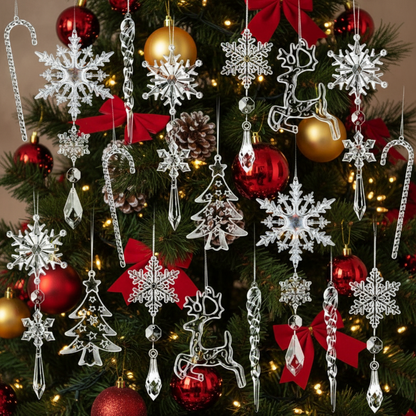 Acrylic Crystal Snowflake Ornament Set – Christmas Tree Icicle Hanging Decorations for Holiday Parties and Elegant Winter Displays