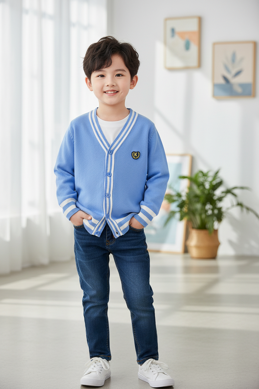 Kids Striped Knit Cardigan - Cotton V-Neck Sweater Coat for Boys and Teenagers, Preppy Style Everyday Outerwear