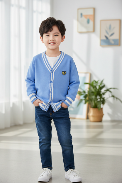 Kids Striped Knit Cardigan - Cotton V-Neck Sweater Coat for Boys and Teenagers, Preppy Style Everyday Outerwear