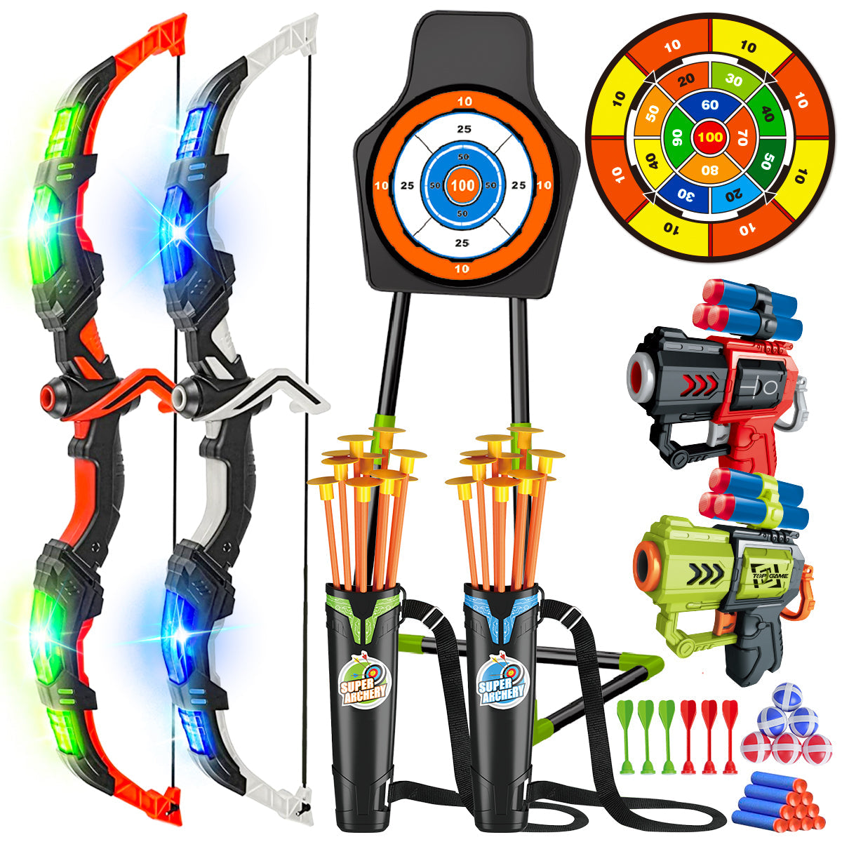 Archery Toy Set - Kids Bow and Arrow Game with Target Board, Night Lights and Indoor Outdoor Family Fun