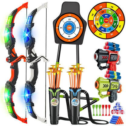 Archery Toy Set - Kids Bow and Arrow Game with Target Board, Night Lights and Indoor Outdoor Family Fun