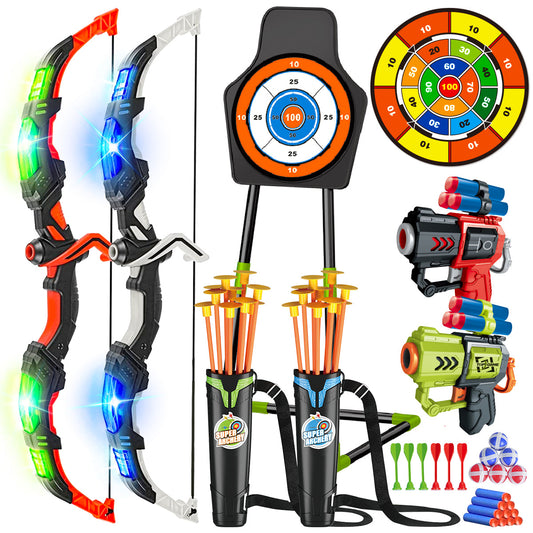 Archery Toy Set - Kids Bow and Arrow Game with Target Board, Night Lights and Indoor Outdoor Family Fun