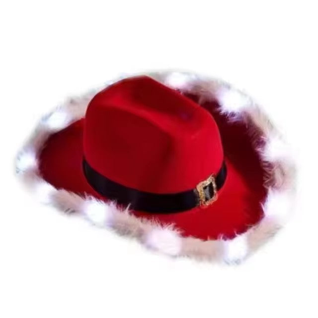 Light Up Santa Cowboy Hat – LED Western Christmas Party Hat for Holiday Costumes, Festivals and Photo Booth Fun