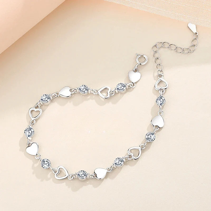 Sterling Silver Heart Zircon Bracelet – 925 Sparkling Adjustable Chain Jewelry with Elegant Korean Design for Women, Romantic Gifts and Parties