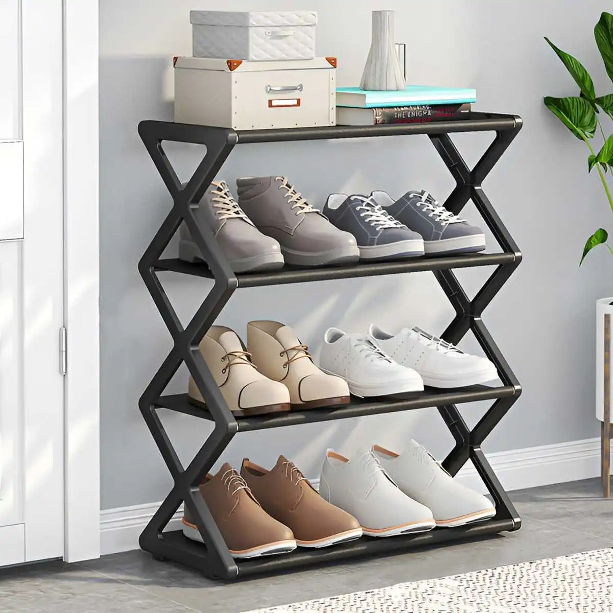 Foldable Shoe Rack – 4 Tier Stable Home Footwear Organizer for Entryway, Dorm, Living Room and Small Space Storage