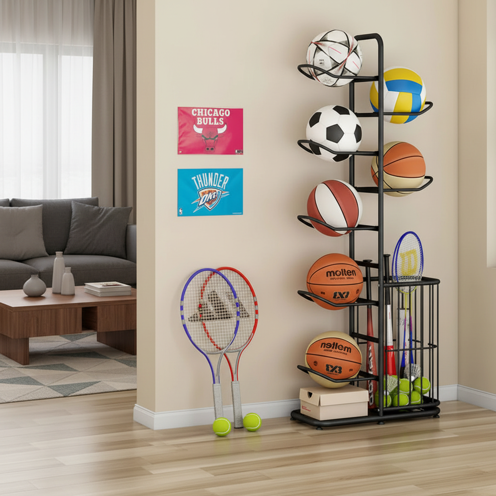 Kids Ball Storage Rack – Indoor Basketball, Football and Volleyball Organizer Stand for Playrooms, Kindergartens and Home Storage