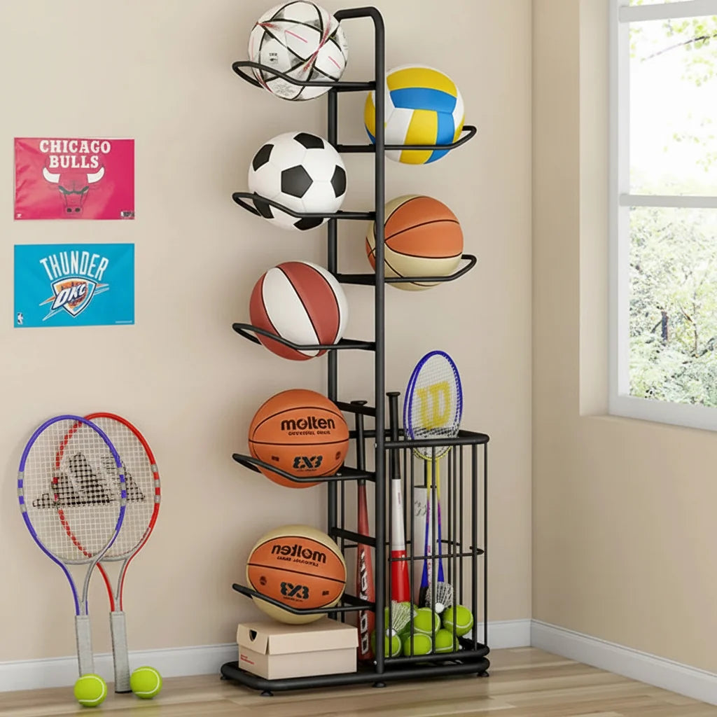 Kids Ball Storage Rack – Indoor Basketball, Football and Volleyball Organizer Stand for Playrooms, Kindergartens and Home Storage