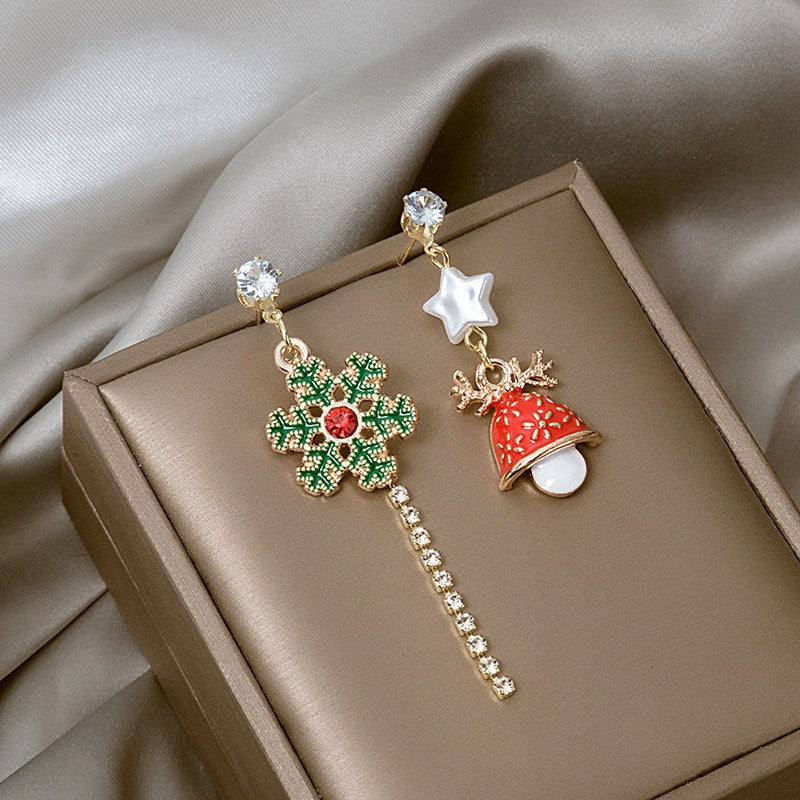 Christmas Ball Stud Earrings – Red Asymmetrical Snowflake and Reindeer Zircon Earrings for Women and Holiday Style