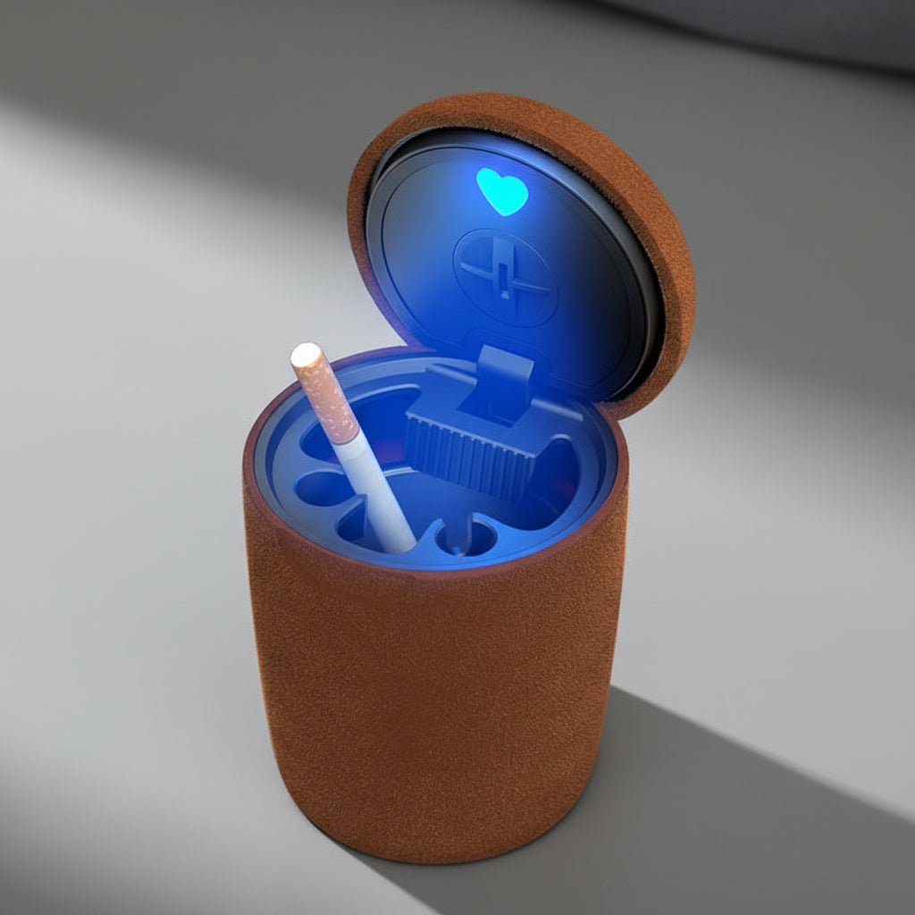 Plush Car Ashtray with LED Light – Covered Automatic Smoke-Extinguishing Ash Holder for Vehicles, Compact Interior Storage and Stylish Decoration