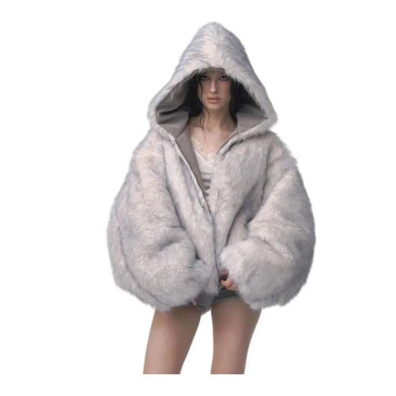 Oversized Fur Hooded Winter Coat-Womens Streetwear Padded Jacket for Warmth Gothic Fashion and Daily Wear