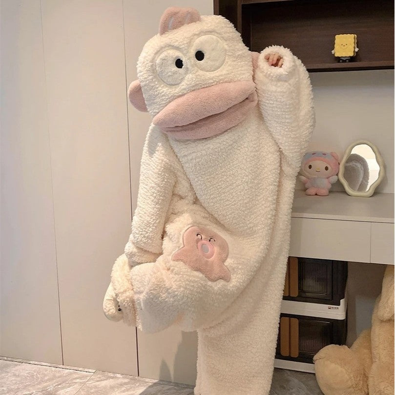 Big Mouth Monster Onesie Pajamas – Thick Coral Fleece Cartoon Sleepwear for Couples, Men and Women, Cozy Autumn Lounging, Parties and Fun Gifts