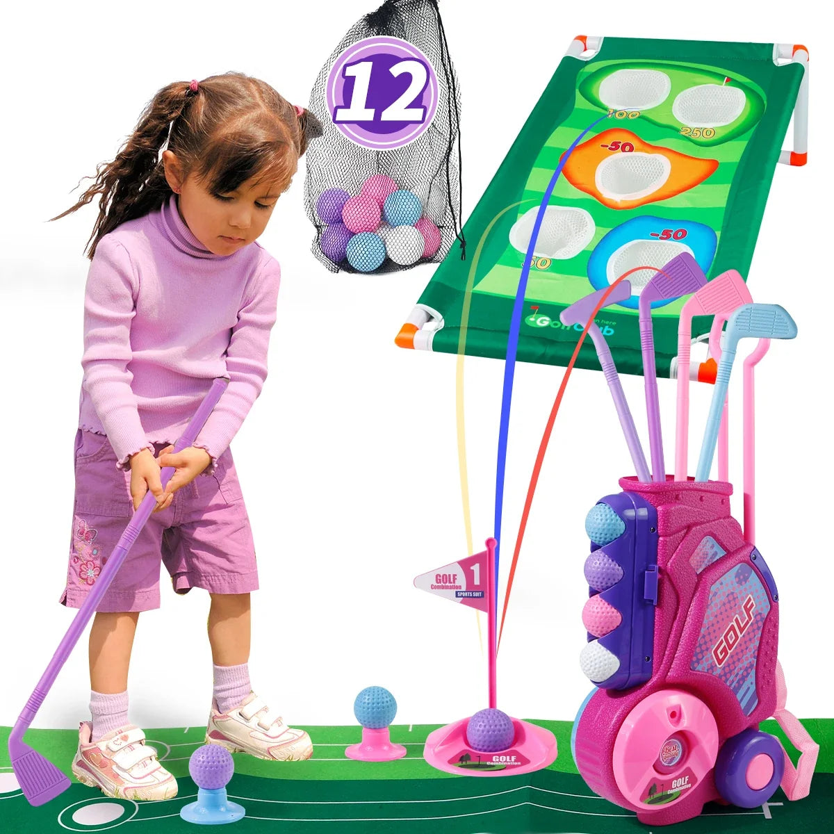 Portable Pink Golf Toy Set - Indoor Outdoor Sports Game with Golf Cart and Balls for Kids Active Play