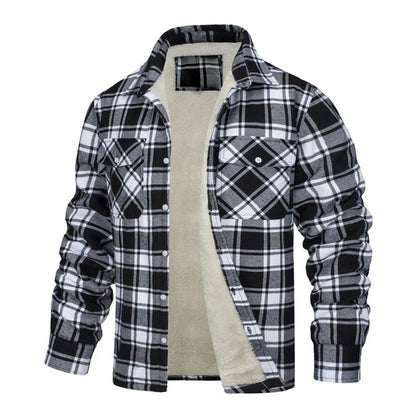 Men's Plaid Plush Winter Coat – Thick Mid Length Button Front Jacket for Casual Warmth and Everyday Outdoor Wear