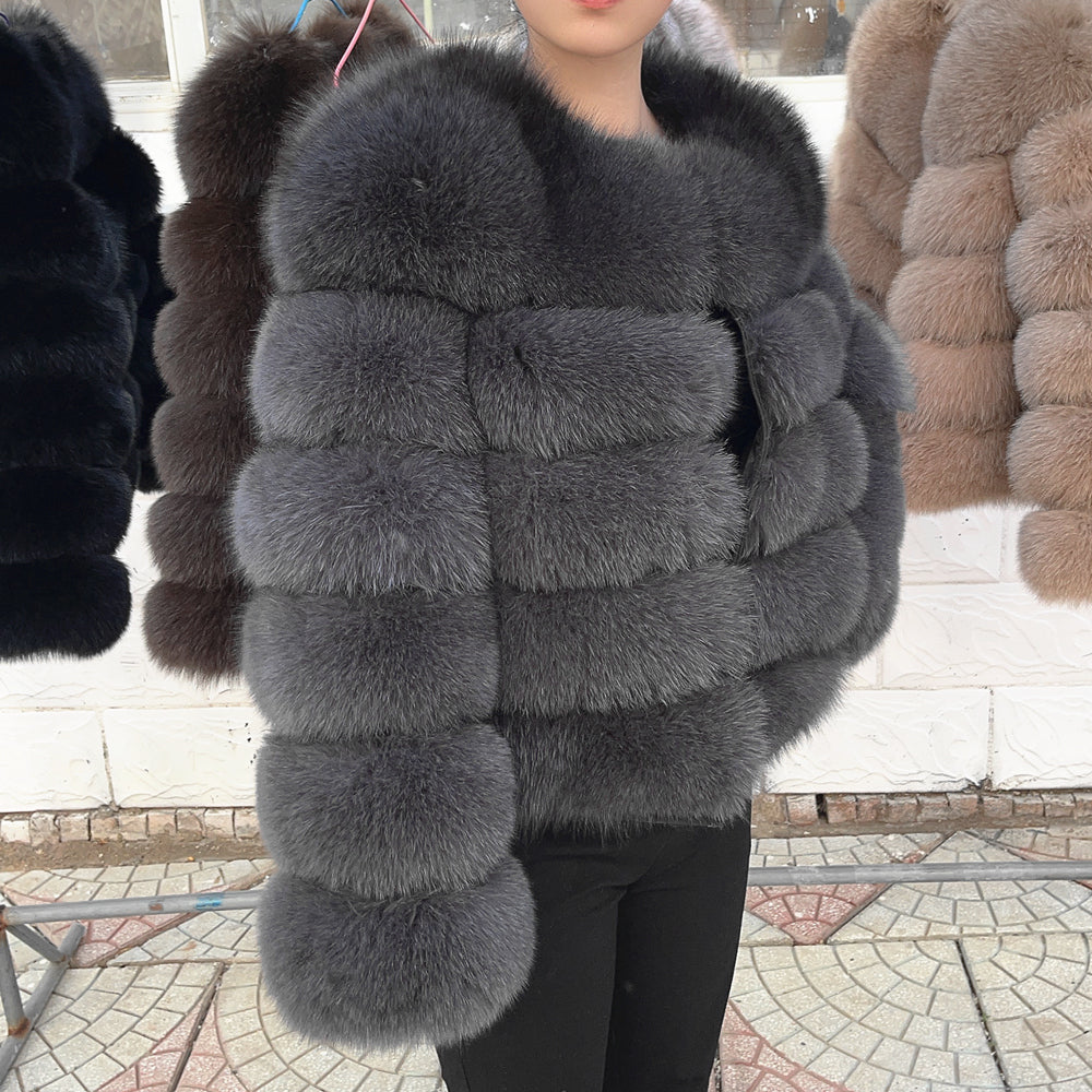 Real Fox Fur Winter Coat – Luxury Women’s Brown Fur Jacket with Premium Leather Design for Elegant Cold Weather Fashion
