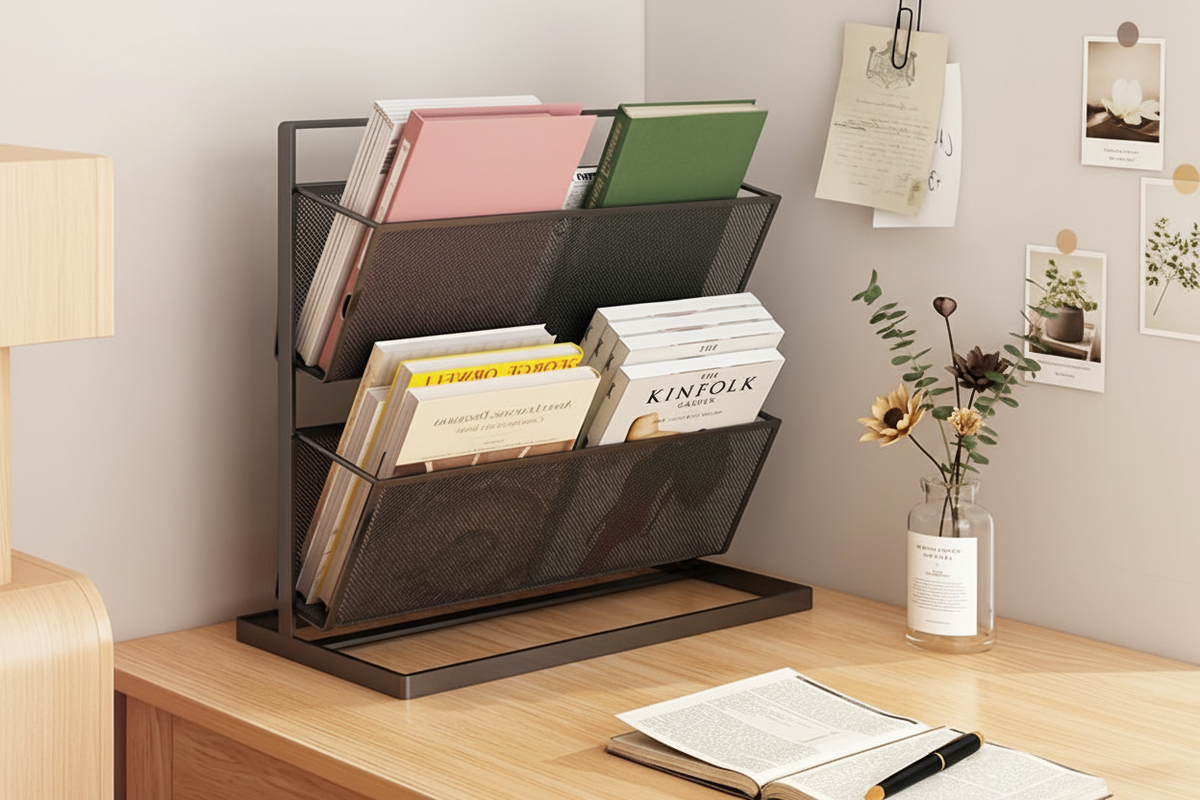 Tilted Desktop Book Organizer – Multi Tier Book Rack for Office, School and Home Study with Space Saving Vertical Storage