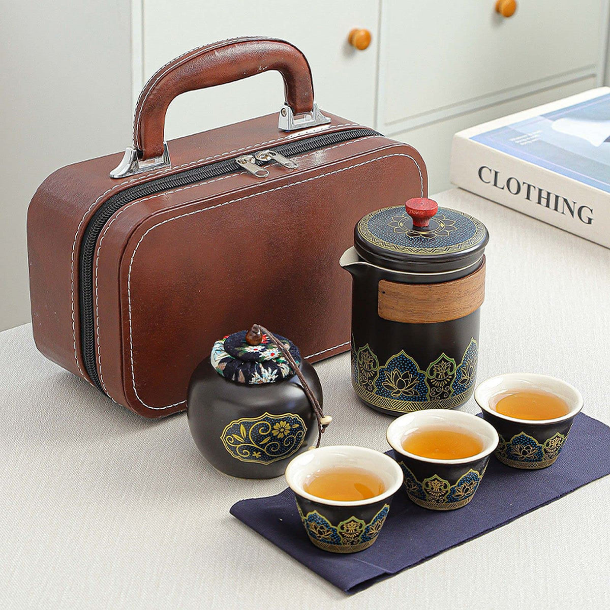 Portable Kung Fu Tea Set – Ceramic Travel Teapot, Cups and Tea Canister with Carry Bag for Outdoor Tea Brewing