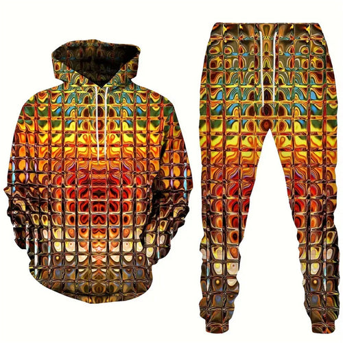 Men's Hoodie Tracksuit Set - Shiny Print Sweatshirt and Jogger Outfit for Sports and Casual Fashion