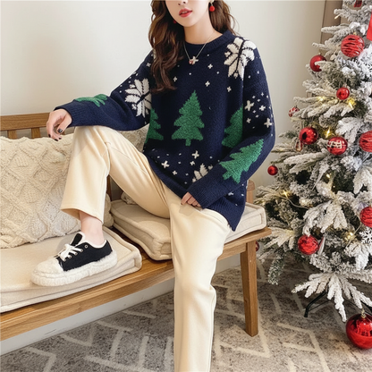 Color Block Christmas Sweater – Thick Knit Women’s Holiday Pullover with Snowflake Design, Cozy Korean Winter Fashion and Casual Comfort