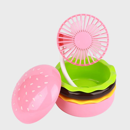 Portagble Burger USB Desktop Fan - Cartoon Cooling Fan with Beauty Mirror, Rechargeable Handheld Design and Summer Gift Appeal
