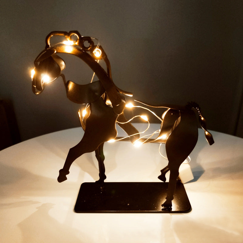LED Metal Horse Statue – Rustic Decorative Horse Sculpture with Warm Lighting for Home Office Desk Display