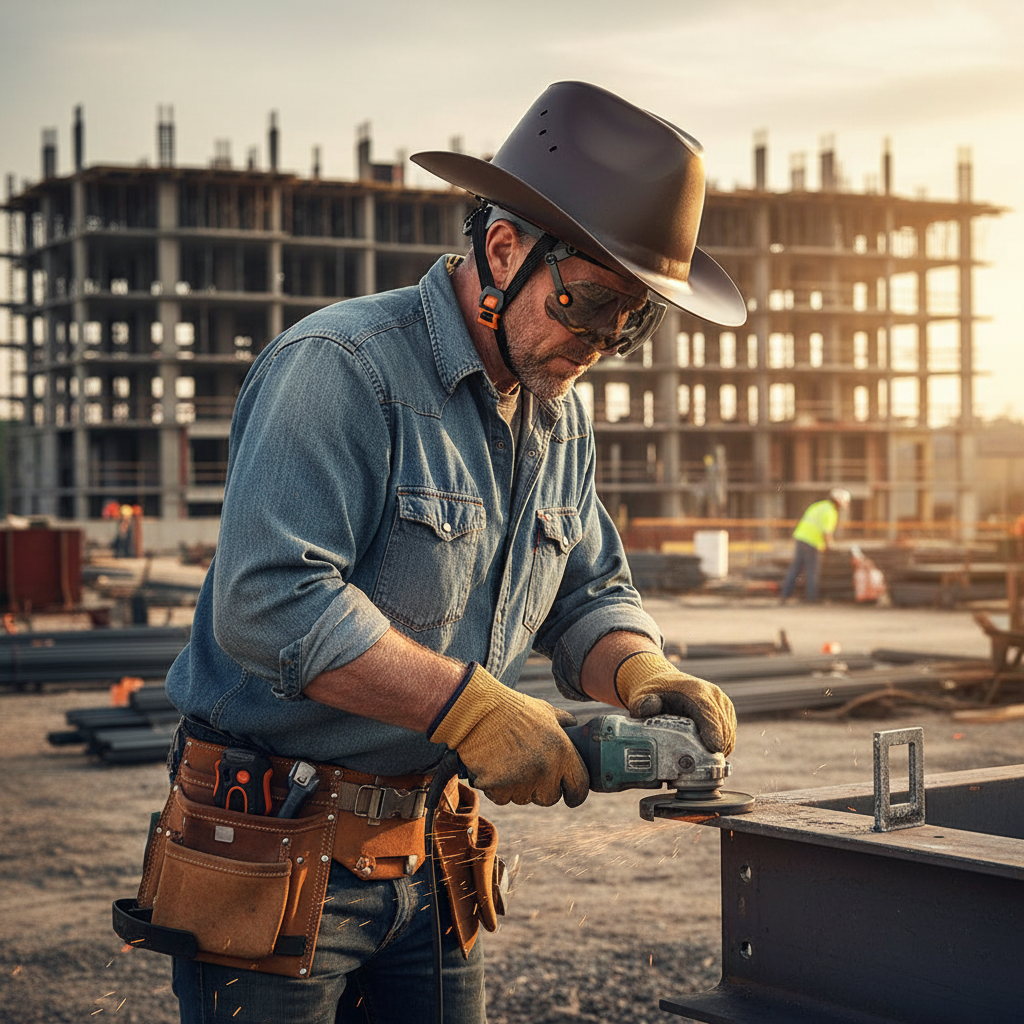 Cowboy Safety Hard Hat – HDPE Wide Full-Brim Construction Helmet with Built-In Sunglasses, Ventilation and Anti-Collision Work Protection
