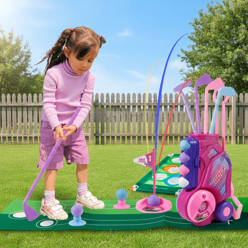 Portable Pink Golf Toy Set - Indoor Outdoor Sports Game with Golf Cart and Balls for Kids Active Play