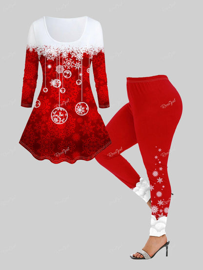 Plus Size Christmas Lounge Set – Women's Printed Tee and Leggings Pajama Outfit for Holiday Comfort and Family Photos