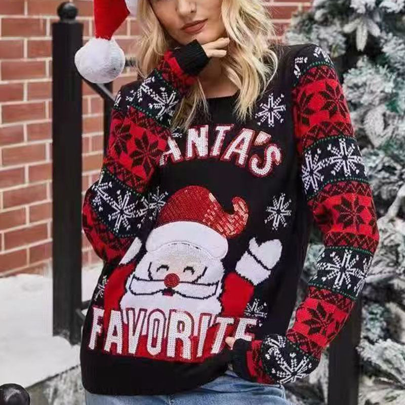 Christmas Santa Knit Sweater – Women’s Soft Long Sleeve Holiday Pullover with Festive Cartoon Design for Cozy Winter Wear
