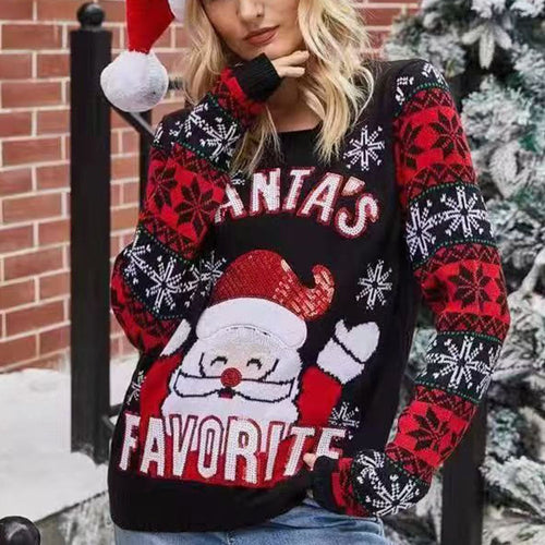 Christmas Santa Knit Sweater – Women’s Soft Long Sleeve Holiday Pullover with Festive Cartoon Design for Cozy Winter Wear