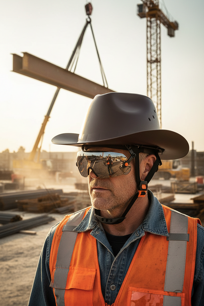 Cowboy Safety Hard Hat – HDPE Wide Full-Brim Construction Helmet with Built-In Sunglasses, Ventilation and Anti-Collision Work Protection