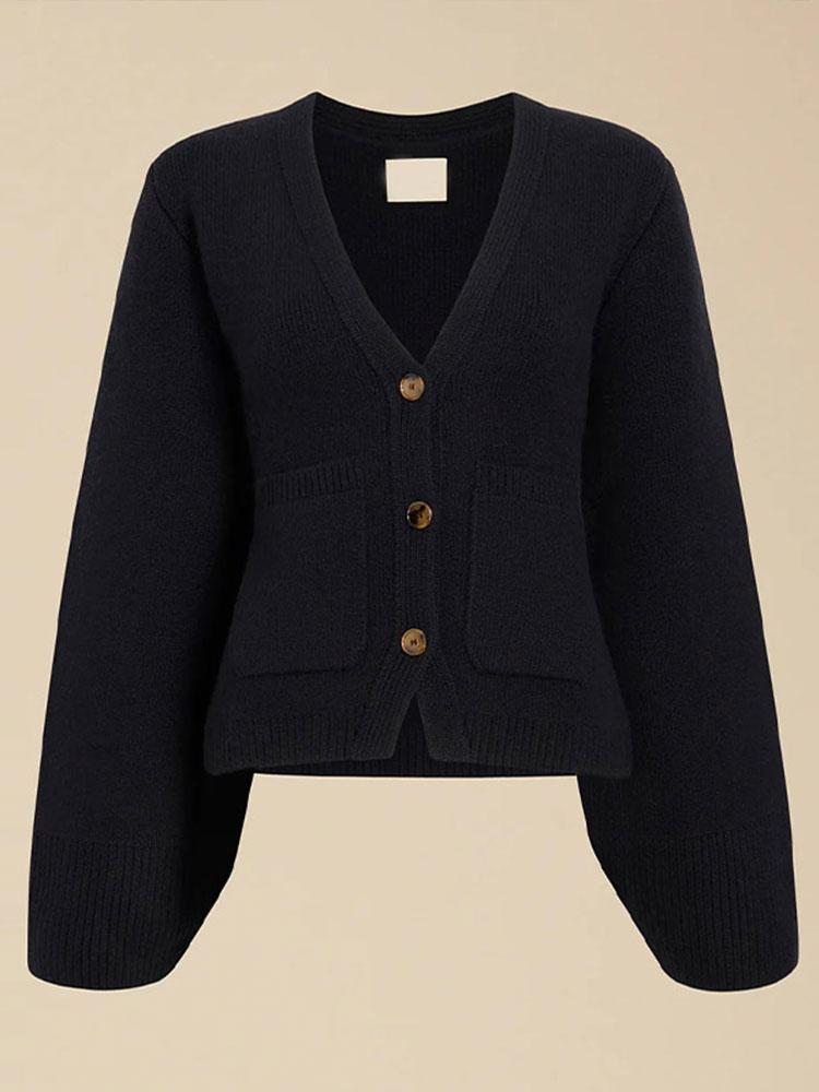 Korean V Neck Knit Cardigan – Women's Button Front Wool Sweater for Autumn Layering, Office Wear and Casual Style