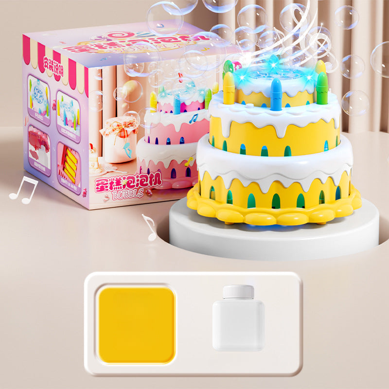 Kawaii Birthday Cake Bubble Machine - Electric Bubble Maker with Music and Lights for Kids Parties and Outdoor Play