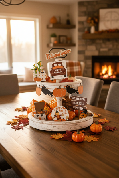Fall Harvest Tiered Tray Decor Set – 10 Piece Thanksgiving Decoration Collection with Pumpkins, Crow Banner, Truck and Scarecrow Signs